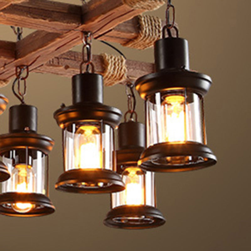 Retro Industrial Style Cylinder Chandelier Wood Pendant Ceiling Lights for Restaurant