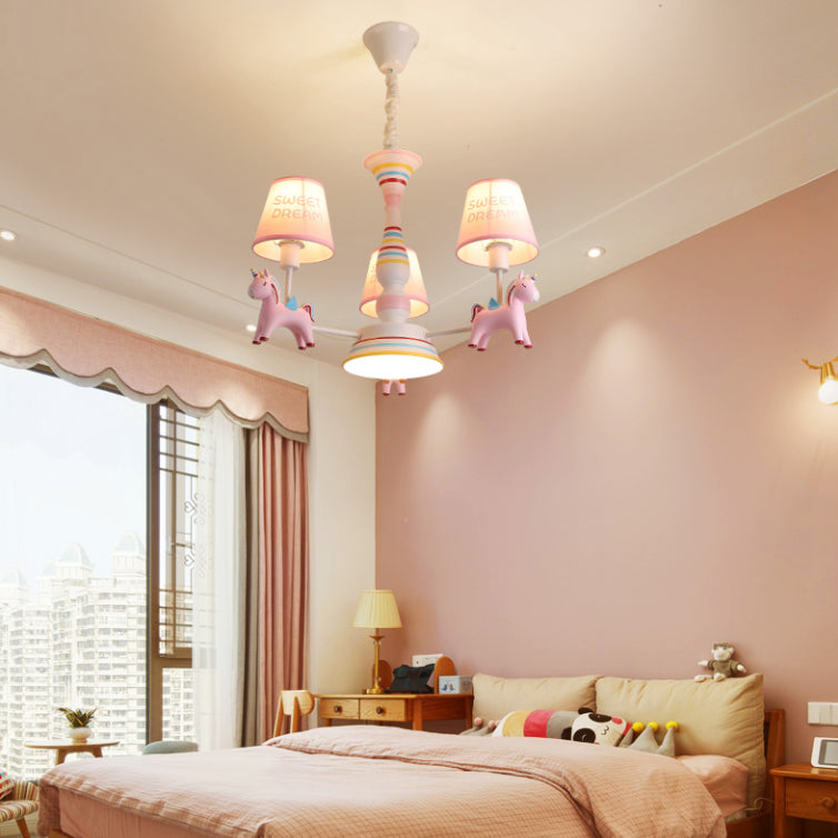 Nordic-Style Carousel Pendant Light Fixture Metal kids Bedroom Chandelier Lighting in Pink