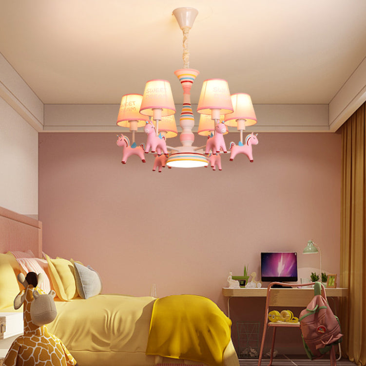 Nordic-Style Carousel Pendant Light Fixture Metal kids Bedroom Chandelier Lighting in Pink