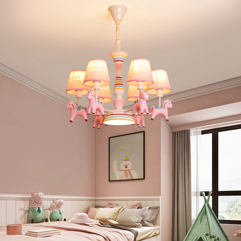 Nordic-Style Carousel Pendant Light Fixture Metal kids Bedroom Chandelier Lighting in Pink