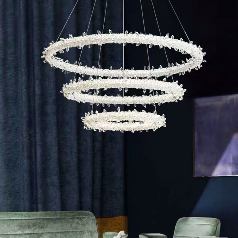 Modern LED Hanging Ceiling Light Clear Circles Pendant Light Fixture with Crystal Shade