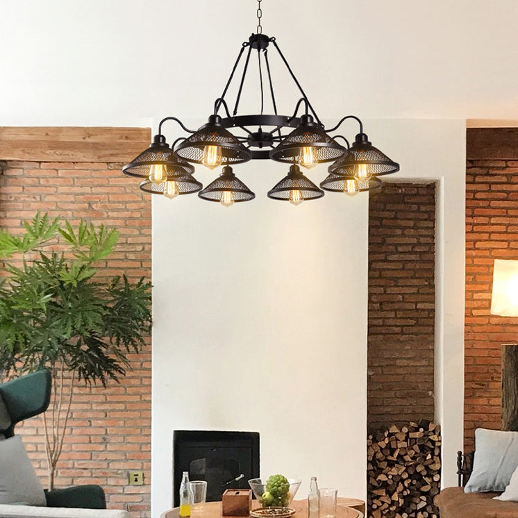 Industrial Cage Flared Chandelier Hanging Light Fixture Metal 8 Lights Pendant Ceiling Fixture Lamp