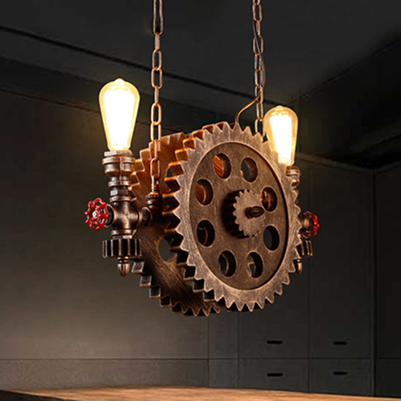 2-Light Chocolate Bronze Metal Ceiling Hung Fixtures Vintage Cog Top Shape Pendant Lighting