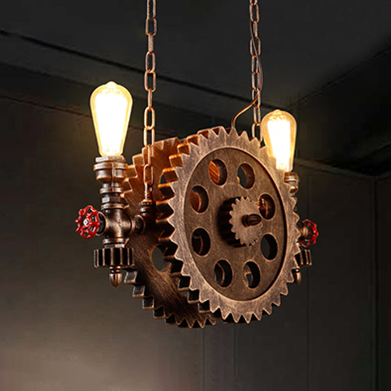 2-Light Chocolate Bronze Metal Ceiling Hung Fixtures Vintage Cog Top Shape Pendant Lighting