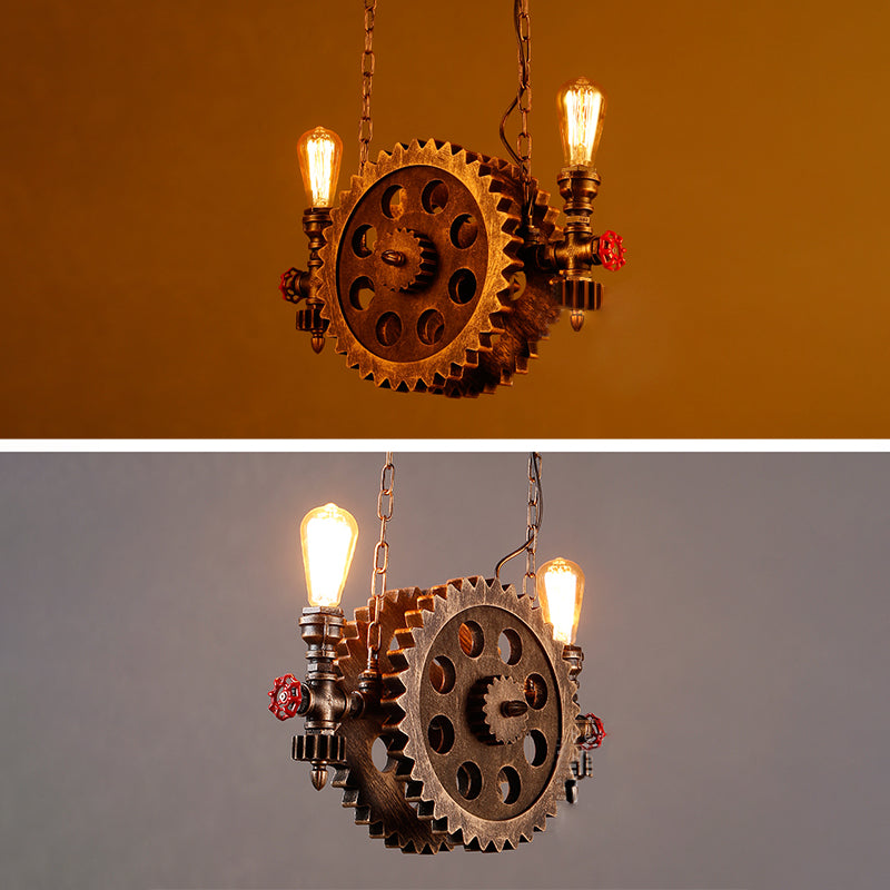 2-Light Chocolate Bronze Metal Ceiling Hung Fixtures Vintage Cog Top Shape Pendant Lighting