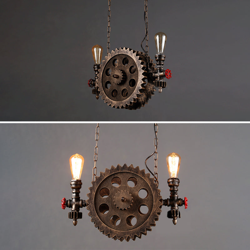 2-Light Chocolate Bronze Metal Ceiling Hung Fixtures Vintage Cog Top Shape Pendant Lighting