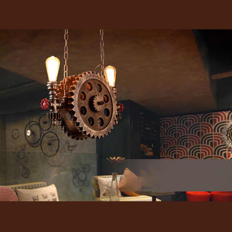 2-Light Chocolate Bronze Metal Ceiling Hung Fixtures Vintage Cog Top Shape Pendant Lighting