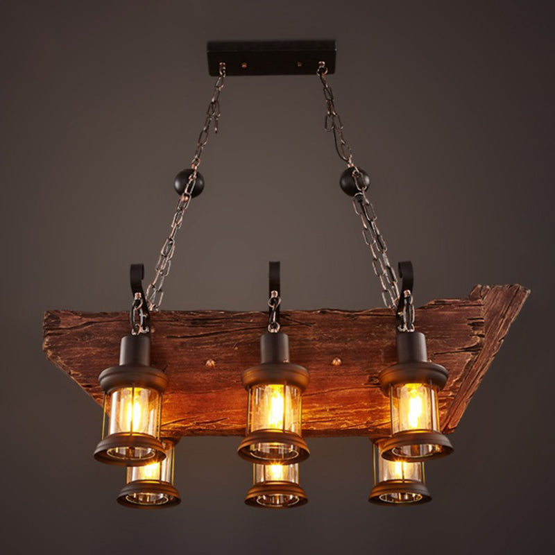 Wooden Brown Bar Pendant Light in Industrial Vintage Style Wrought Iron Hanging Lamp with Glass Shade