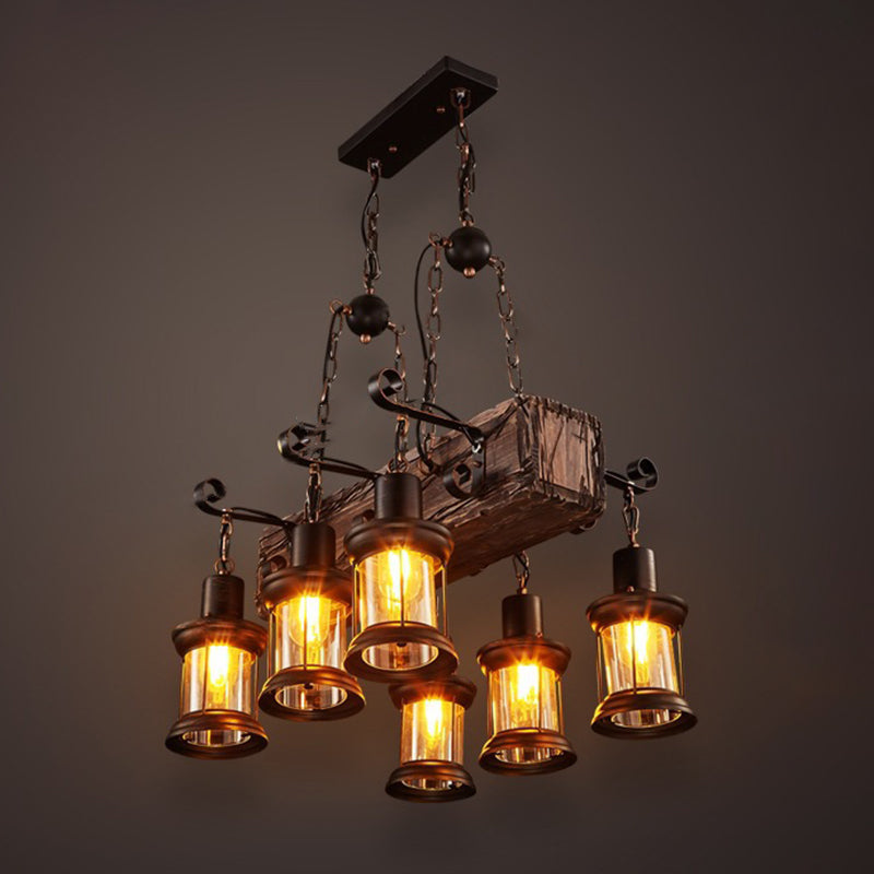 Wooden Brown Bar Pendant Light in Industrial Vintage Style Wrought Iron Hanging Lamp with Glass Shade