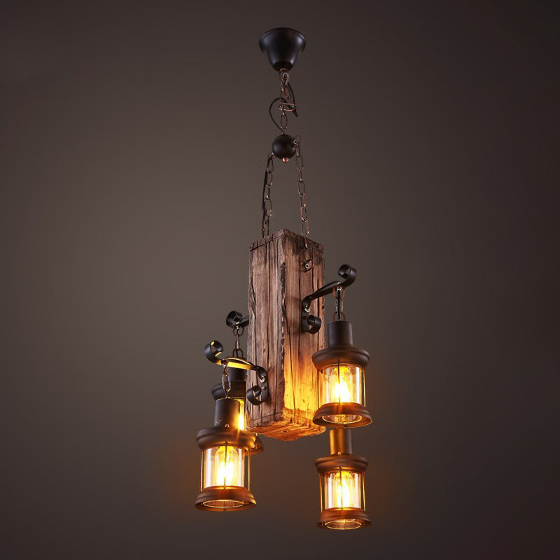 Wooden Brown Bar Pendant Light in Industrial Vintage Style Wrought Iron Hanging Lamp with Glass Shade