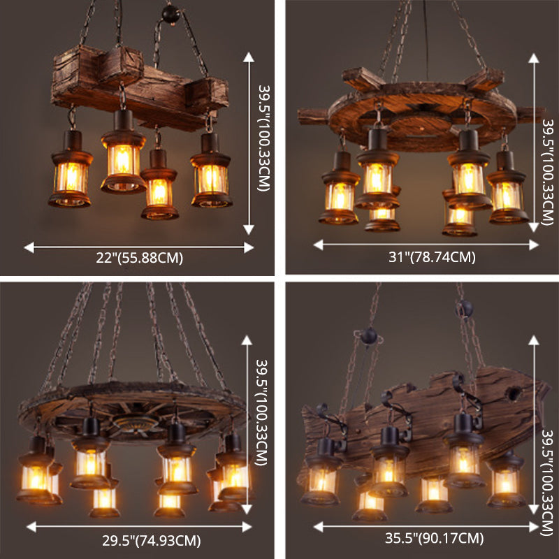 Wooden Brown Bar Pendant Light in Industrial Vintage Style Wrought Iron Hanging Lamp with Glass Shade