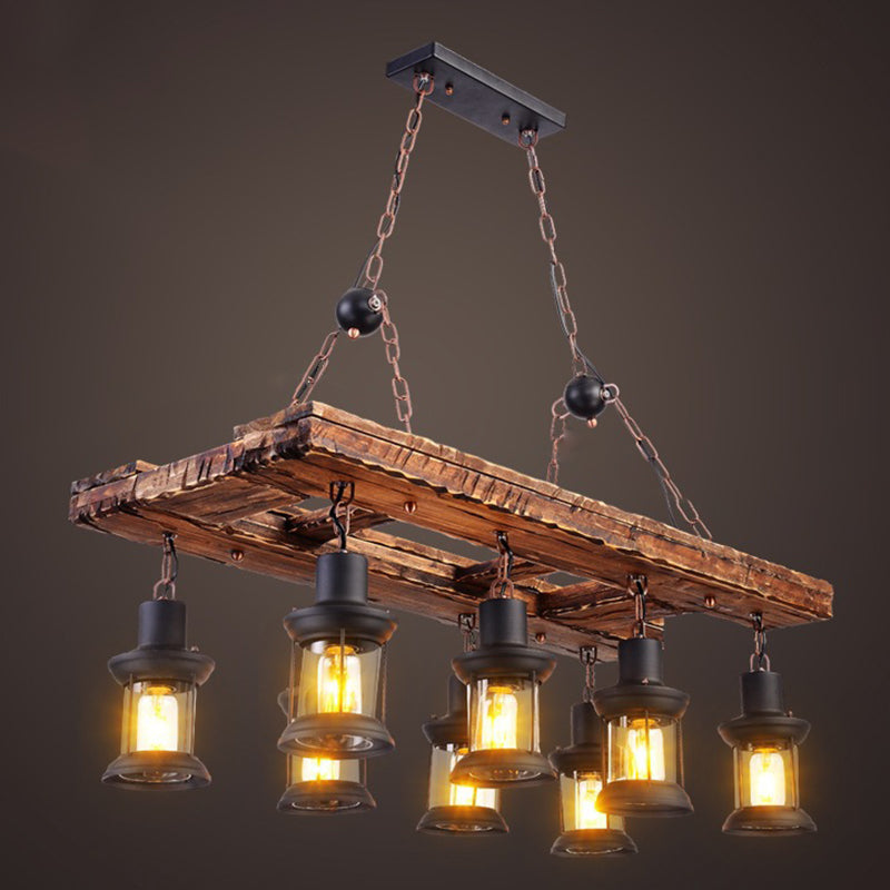 Wooden Brown Bar Pendant Light in Industrial Vintage Style Wrought Iron Hanging Lamp with Glass Shade