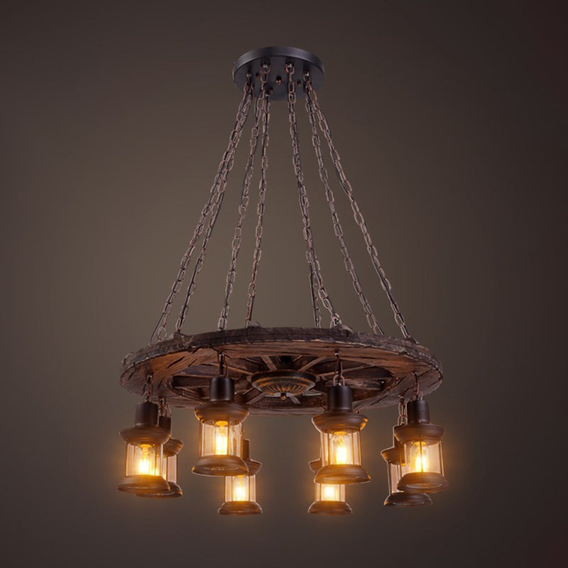 Wooden Brown Bar Pendant Light in Industrial Vintage Style Wrought Iron Hanging Lamp with Glass Shade