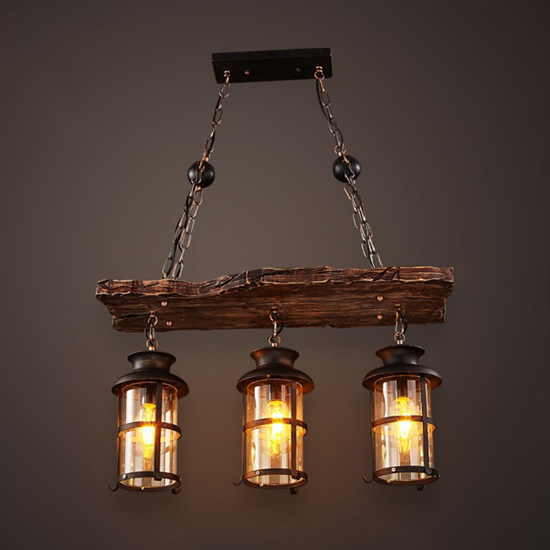 Wooden Brown Bar Pendant Light in Industrial Vintage Style Wrought Iron Hanging Lamp with Glass Shade