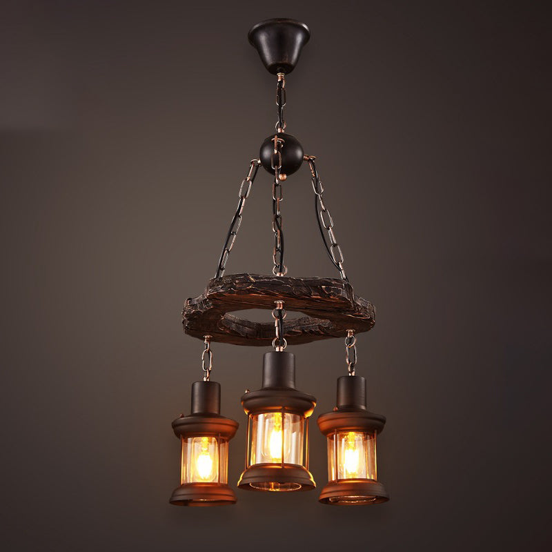 Wooden Brown Bar Pendant Light in Industrial Vintage Style Wrought Iron Hanging Lamp with Glass Shade