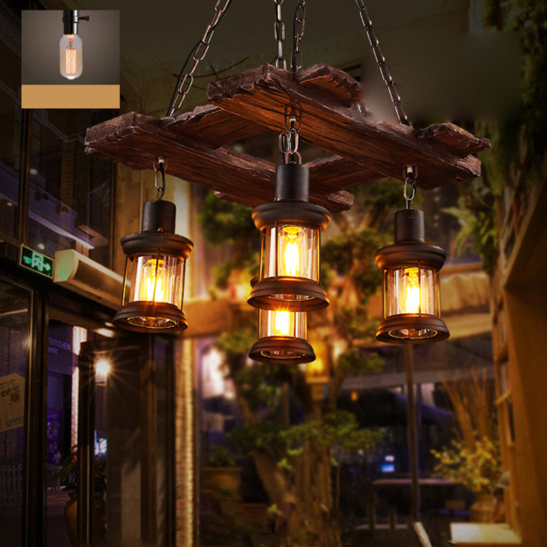 Wooden Brown Bar Pendant Light in Industrial Vintage Style Wrought Iron Hanging Lamp with Glass Shade