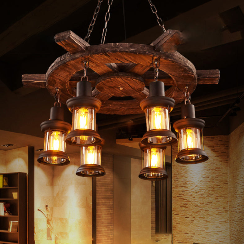 Wooden Brown Bar Pendant Light in Industrial Vintage Style Wrought Iron Hanging Lamp with Glass Shade