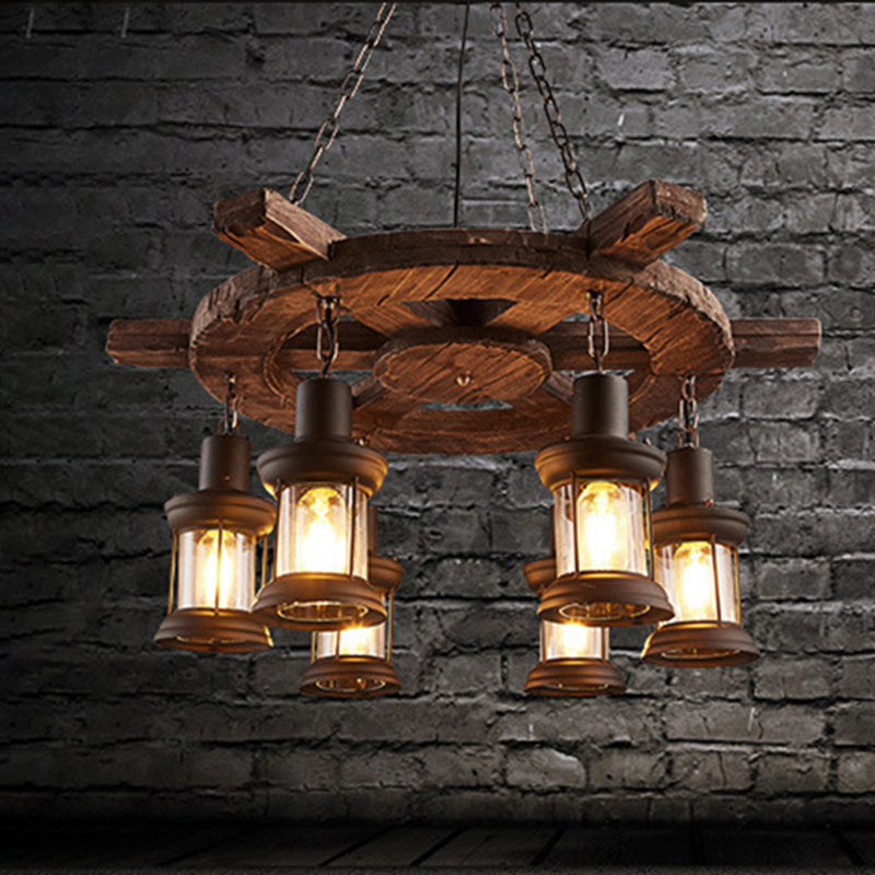 Wrought Iron Brown Pendant Light in Industrial Vintage Style Wooden Sputnik Ceiling Light for Commercial Place