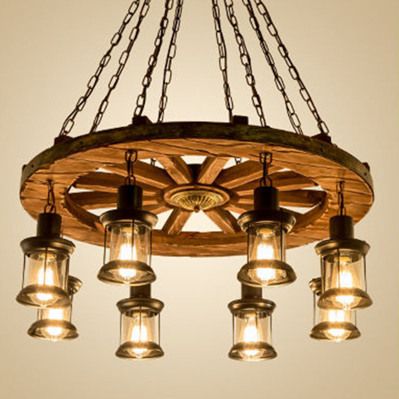 Retro Industrial Style Cylinder Chandelier Wood Pendant Ceiling Lights for Restaurant