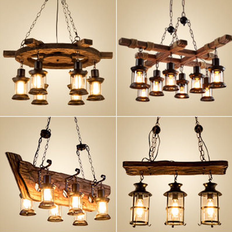 Retro Industrial Style Cylinder Chandelier Wood Pendant Ceiling Lights for Restaurant