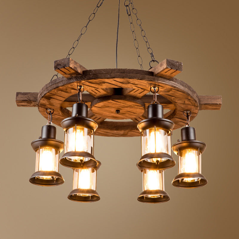 Retro Industrial Style Cylinder Chandelier Wood Pendant Ceiling Lights for Restaurant