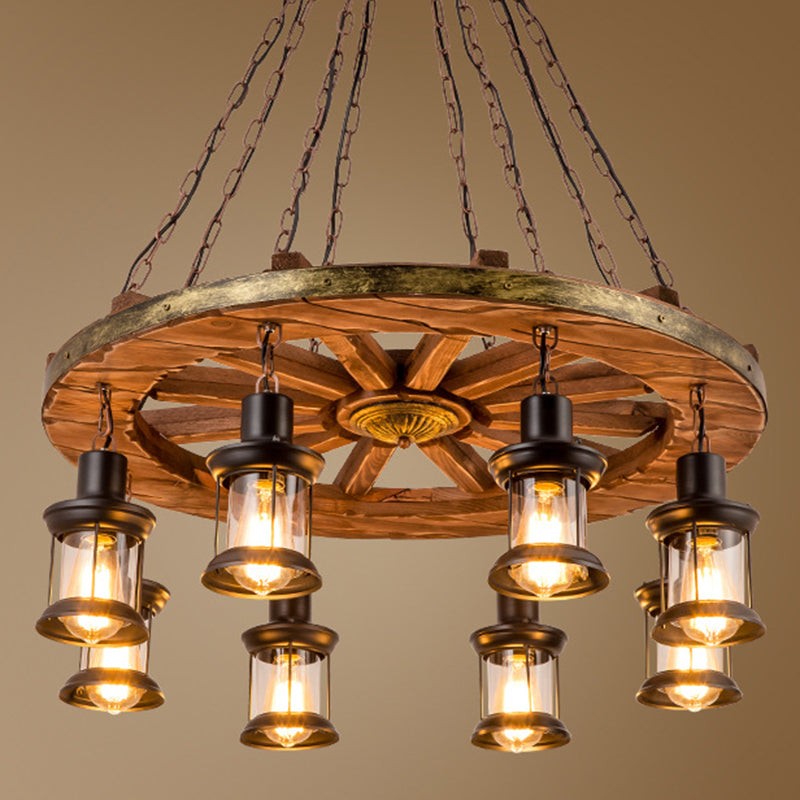 Retro Industrial Style Cylinder Chandelier Wood Pendant Ceiling Lights for Restaurant