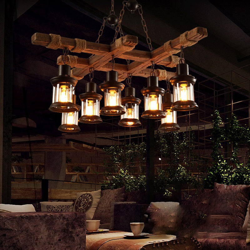 Retro Industrial Style Cylinder Chandelier Wood Pendant Ceiling Lights for Restaurant