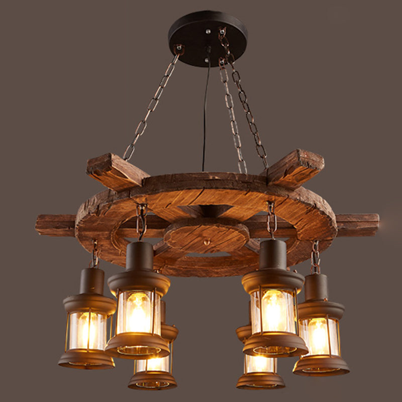 Retro Industrial Style Cylinder Chandelier Wood Pendant Ceiling Lights for Restaurant