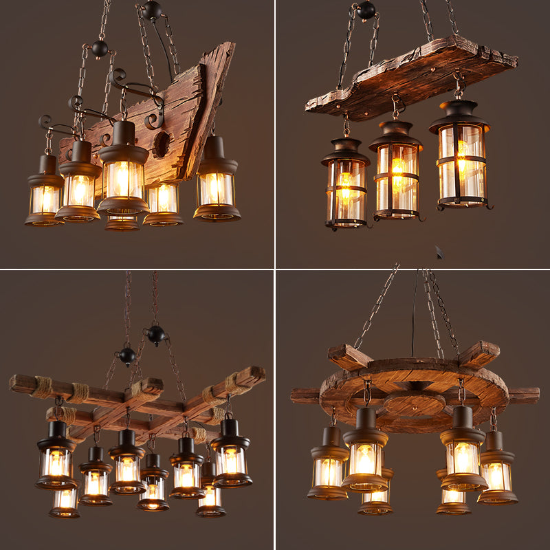 Retro Industrial Style Cylinder Chandelier Wood Pendant Ceiling Lights for Restaurant