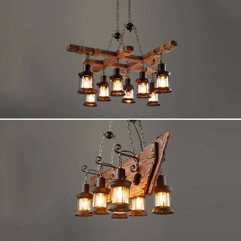 Retro Industrial Style Cylinder Chandelier Wood Pendant Ceiling Lights for Restaurant