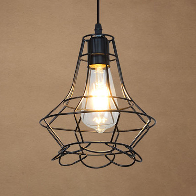 1-Light Wire Cage Pendant Lamp Industrial Black Iron Hanging Lighting for Restaurant