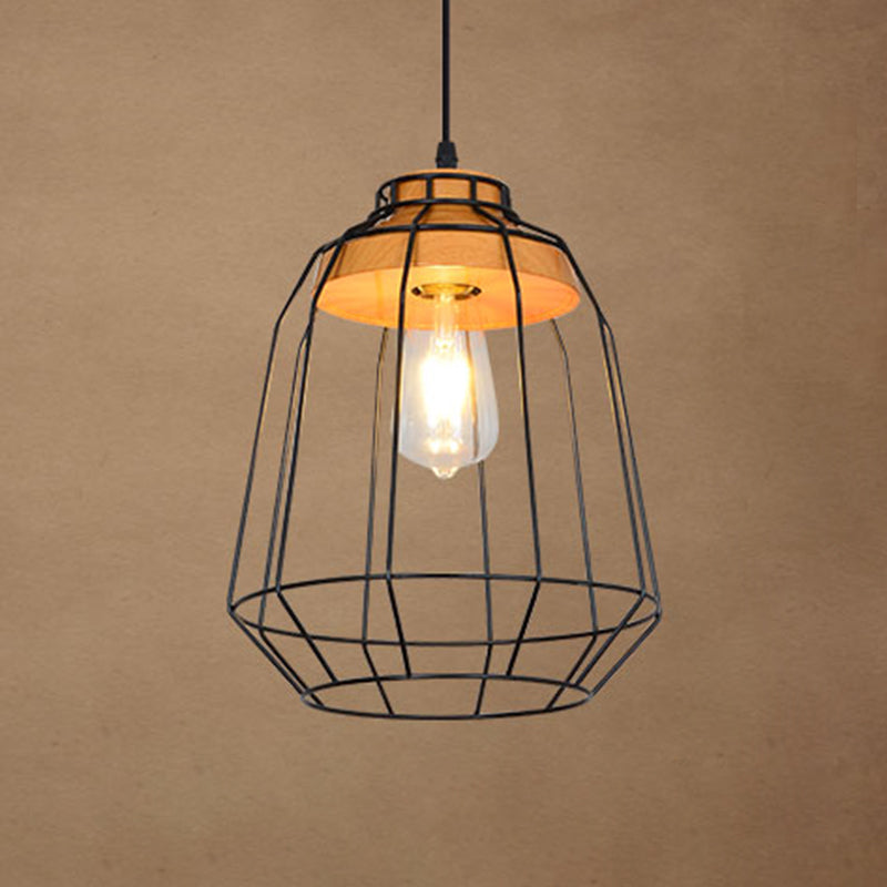 1-Light Wire Cage Pendant Lamp Industrial Black Iron Hanging Lighting for Restaurant