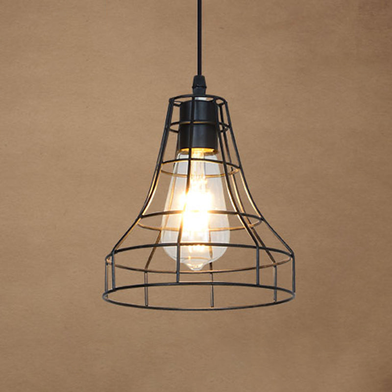 1-Light Wire Cage Pendant Lamp Industrial Black Iron Hanging Lighting for Restaurant