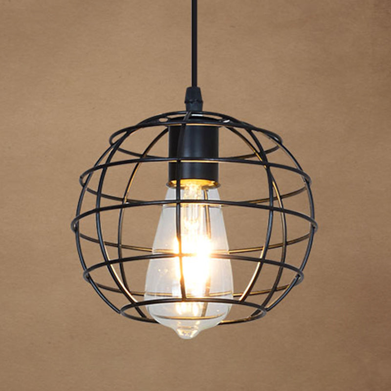 1-Light Wire Cage Pendant Lamp Industrial Black Iron Hanging Lighting for Restaurant