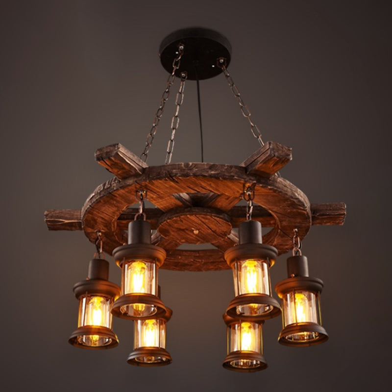 Retro Industrial Style Cylinder Chandelier Wood Pendant Ceiling Lights for Restaurant