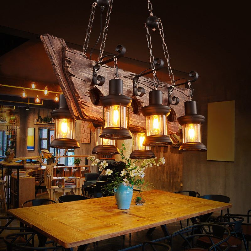 Retro Industrial Style Cylinder Chandelier Wood Pendant Ceiling Lights for Restaurant