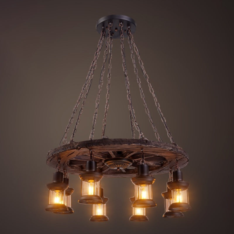 Retro Industrial Style Cylinder Chandelier Wood Pendant Ceiling Lights for Restaurant