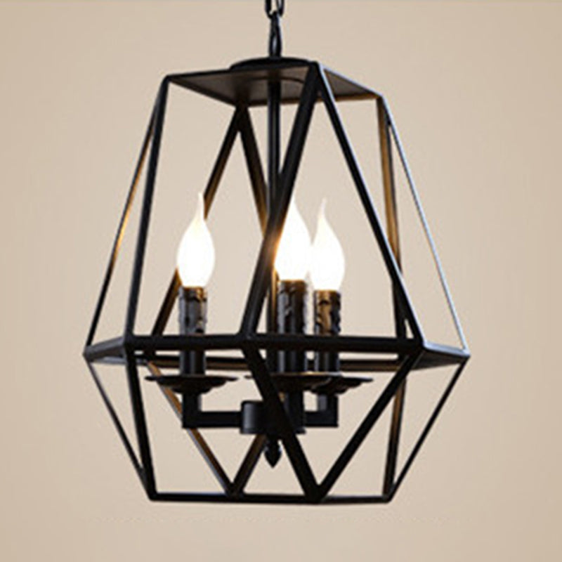 Wrought Iron Black Pendant Light in Industrial Vintage Style Geometric Adjustable Ceiling Light with Iron Frame