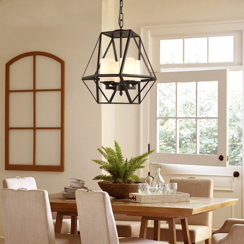 Wrought Iron Black Pendant Light in Industrial Vintage Style Geometric Adjustable Ceiling Light with Iron Frame