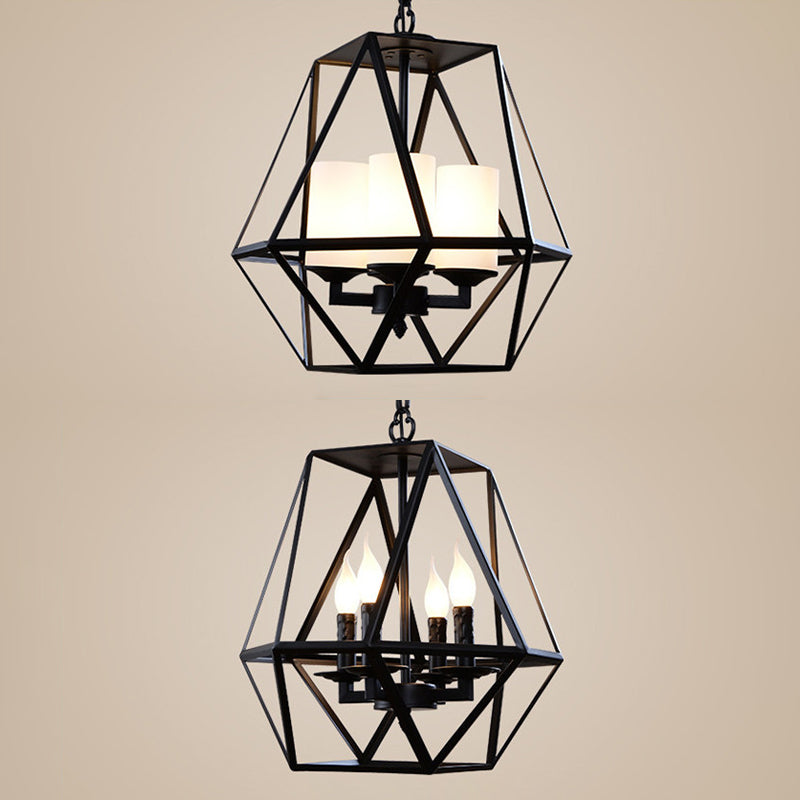 Wrought Iron Black Pendant Light in Industrial Vintage Style Geometric Adjustable Ceiling Light with Iron Frame