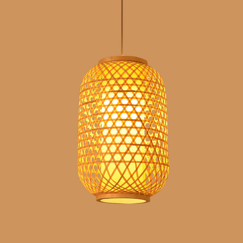 Asia Lantern Pendant Lighting Bamboo 1 Bulb Restaurant Hanging Light in Wood