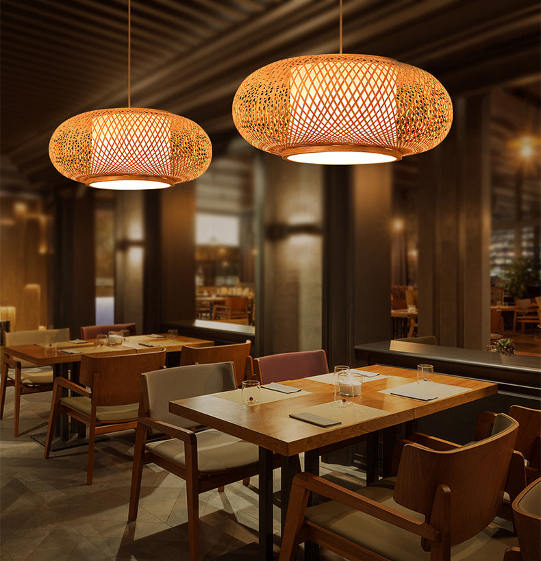 Asia Lantern Pendant Lighting Bamboo 1 Bulb Restaurant Hanging Light in Wood