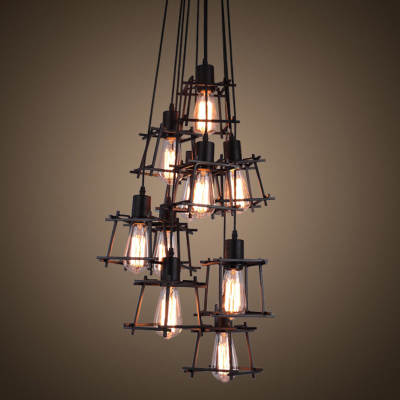 Schwarzer Käfig Schatten Mehrfachhänge Anhänger Lichter Industrial Metall Multi Light Anhänger Beleuchtung für Wohnzimmer