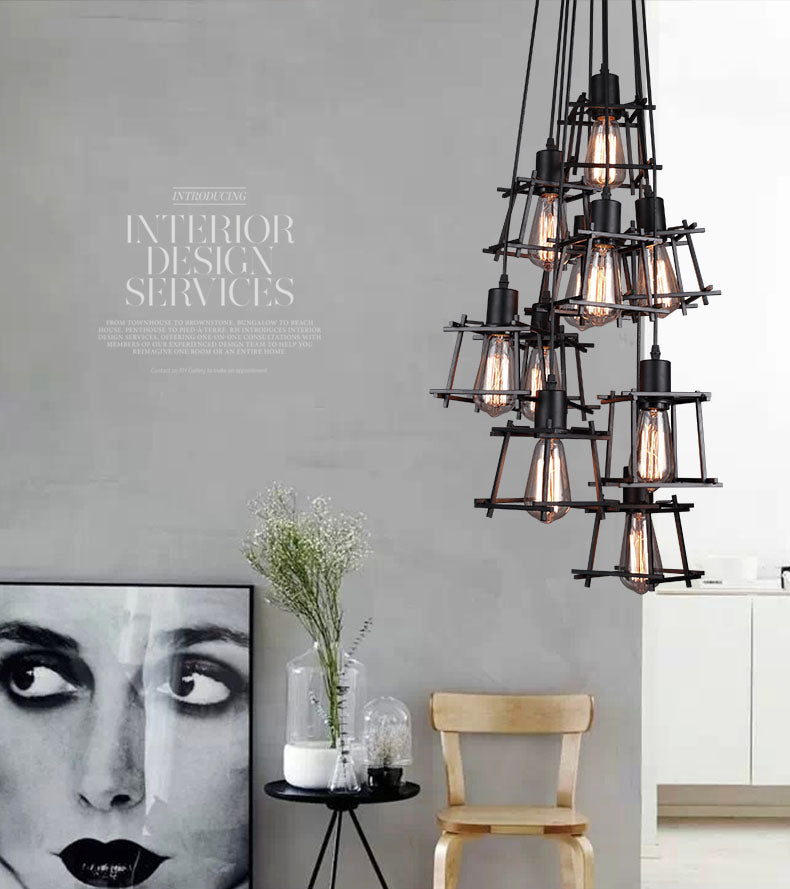 Black Cage Shade Multiple Hanging Pendant Lights Industrial Metal Multi Light Pendant Lighting for Living Room