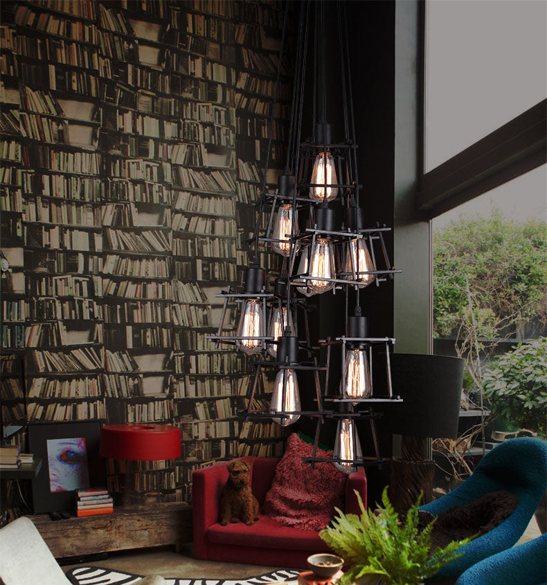 Black Cage Shade Multiple Hanging Pendant Lights Industrial Metal Multi Light Pendant Lighting for Living Room