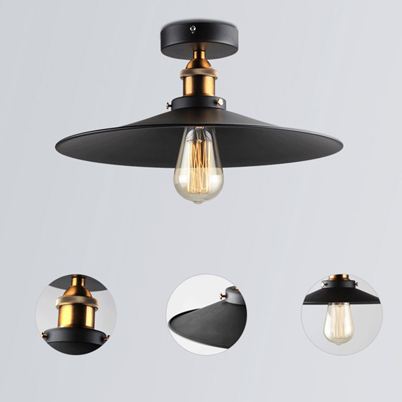 Cono Industrial Semi Flush Mounting Metal Semi Flush Luz de techo en negro