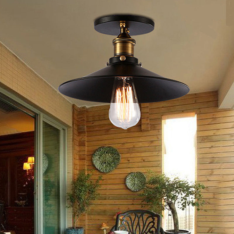 Industrial Cone Semi Flush Mount Lighting Metal Semi Flush Ceiling Light in Black