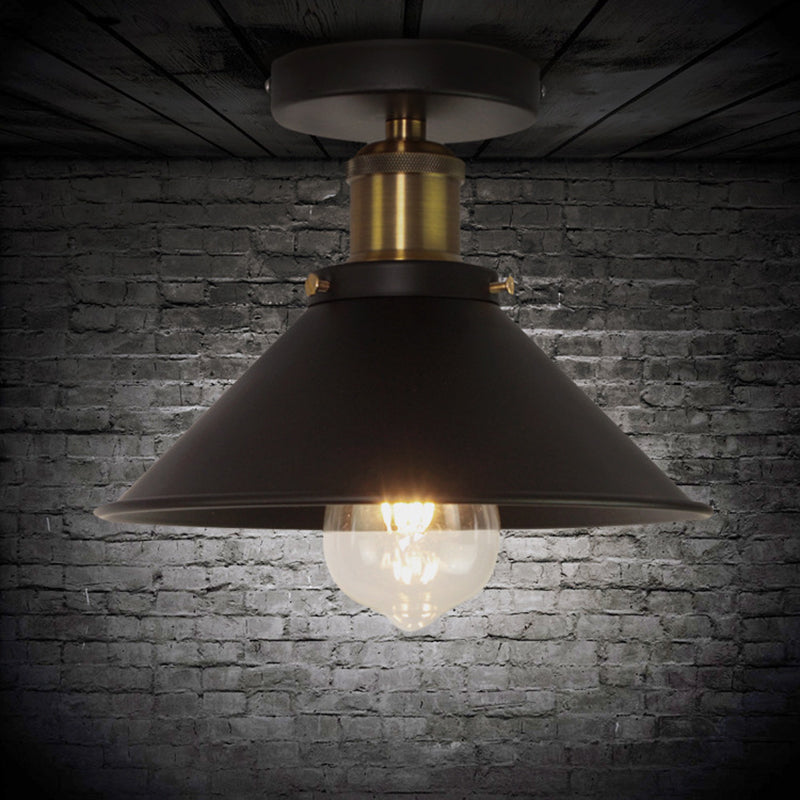 Black 1-Light Semi Flush Mount in Industrial Simplicity Wrought Iron Ceiling Light for Corridor