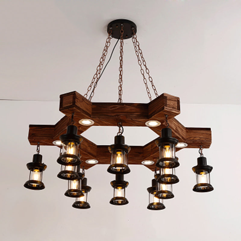 Retro Industrial Style Cylinder Chandelier Wood Pendant Ceiling Lights for Restaurant