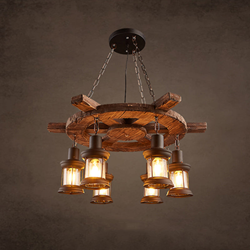 Retro Industrial Style Cylinder Chandelier Wood Pendant Ceiling Lights for Restaurant